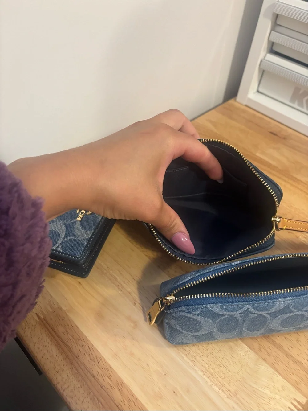 Coach Blue Denim Trio Pouch, Wallet & Pencil Case with Rainbow Embroidery